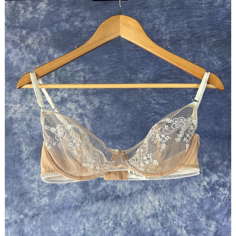 Vintage Elle Macpherson Intimates Sheer Nude White Embroidery Balconette Bra 36D